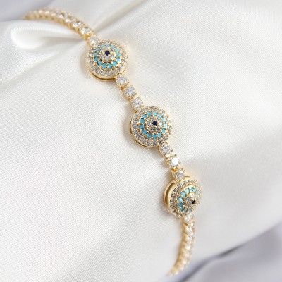 Pirinç Zirkon Taşlı Nazar Model Gold Renk Kadın Bileklik