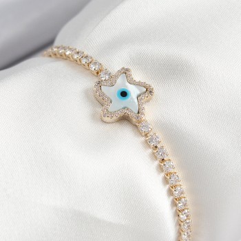 Pirinç Zirkon Taşlı Nazar Yıldız Model Gold Renk Asansörlü Kadın Bileklik