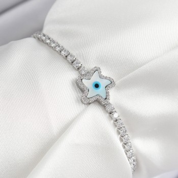 Pirinç Zirkon Taşlı Nazar Yıldız Model Gümüş Renk Asansörlü Kadın Bileklik