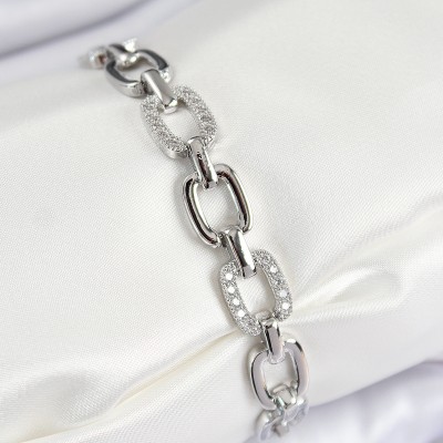 Pirinç Zirkon Taşlı Parçalı Zincir Model Gümüş Renk Kadın Bileklik