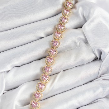 Pirinç Zirkon Taşlı Pembe Kalp Baget Model Gold Renk VIP Seri Kadın Bileklik