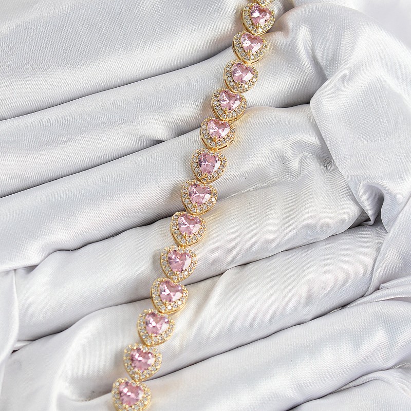 Pirinç Zirkon Taşlı Pembe Kalp Baget Model Gold Renk VIP Seri Kadın Bileklik