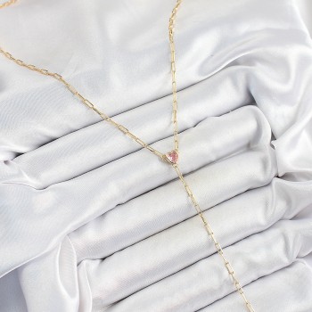 Pirinç Zirkon Taşlı Pembe Kalp Figürlü Y Model Gold Renk Kadın Kolye