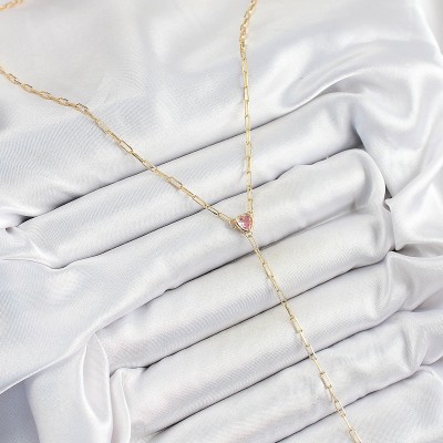 Pirinç Zirkon Taşlı Pembe Kalp Figürlü Y Model Gold Renk Kadın Kolye