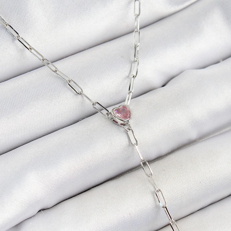 Pirinç Zirkon Taşlı Pembe Kalp Figürlü Y Model Gümüş Renk Kadın Kolye