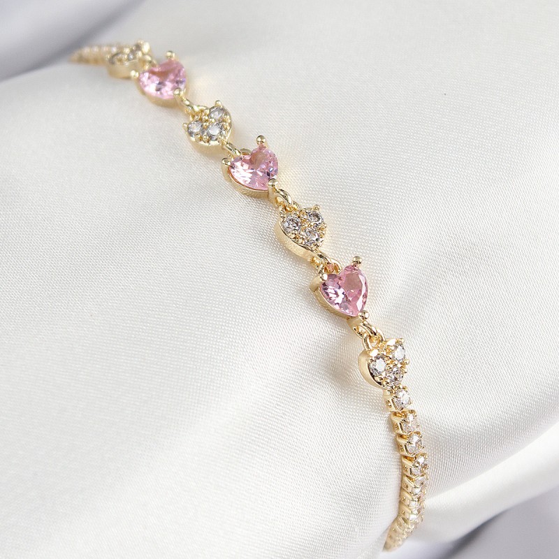 Pirinç Zirkon Taşlı Pembe Kalp Model Gold Renk Kadın Bileklik