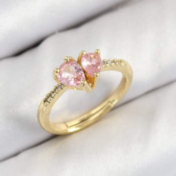 Pirinç Zirkon Taşlı Pembe Kalp Model Gold Renk Kadın Yüzük