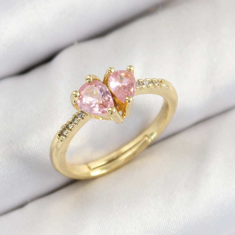 Pirinç Zirkon Taşlı Pembe Kalp Model Gold Renk Kadın Yüzük