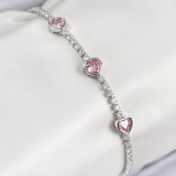 Pirinç Zirkon Taşlı Pembe Kalp Model Gümüş Renk Kadın Bileklik