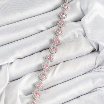 Pirinç Zirkon Taşlı Pembe Yonca Baget Model Gümüş Renk VIP Seri Kadın Bileklik