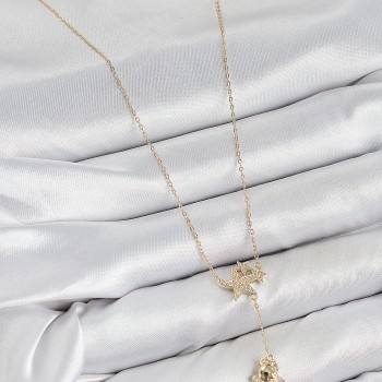 Pirinç Zirkon Taşlı Sallantılı Ayıcıklı Yıldız Model Gold Renk Kadın Kolye