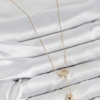 Pirinç Zirkon Taşlı Sallantılı Ayıcıklı Yıldız Model Gold Renk Kadın Kolye