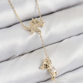 Pirinç Zirkon Taşlı Sallantılı Ayıcıklı Yıldız Model Gold Renk Kadın Kolye