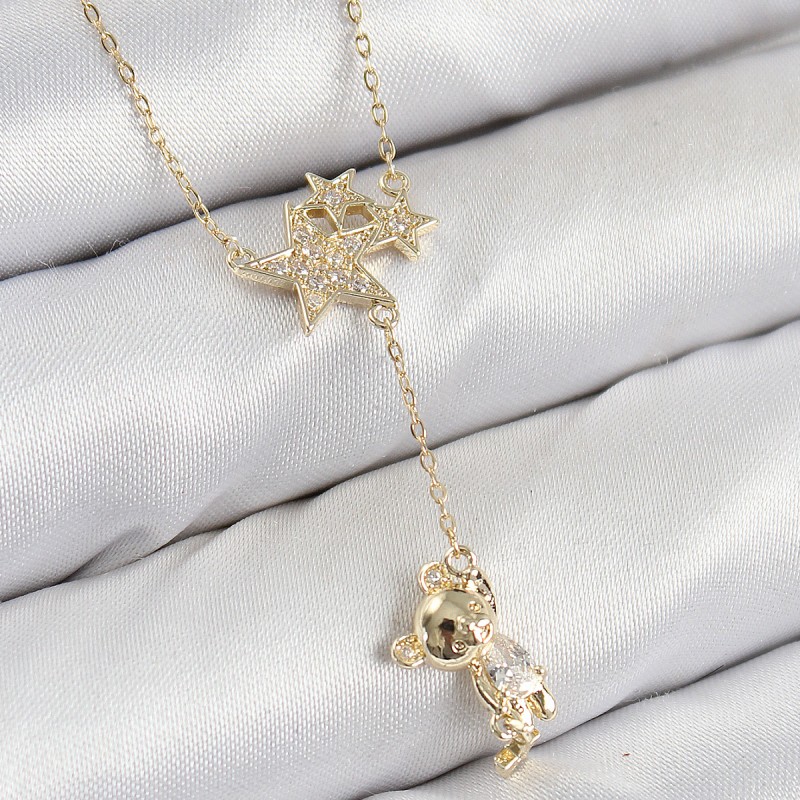 Pirinç Zirkon Taşlı Sallantılı Ayıcıklı Yıldız Model Gold Renk Kadın Kolye