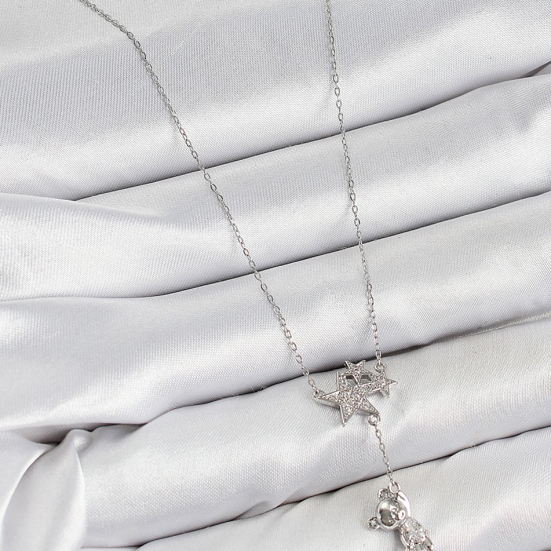 Pirinç Zirkon Taşlı Sallantılı Ayıcıklı Yıldız Model Gümüş Renk Kadın Kolye