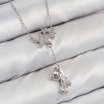 Pirinç Zirkon Taşlı Sallantılı Ayıcıklı Yıldız Model Gümüş Renk Kadın Kolye