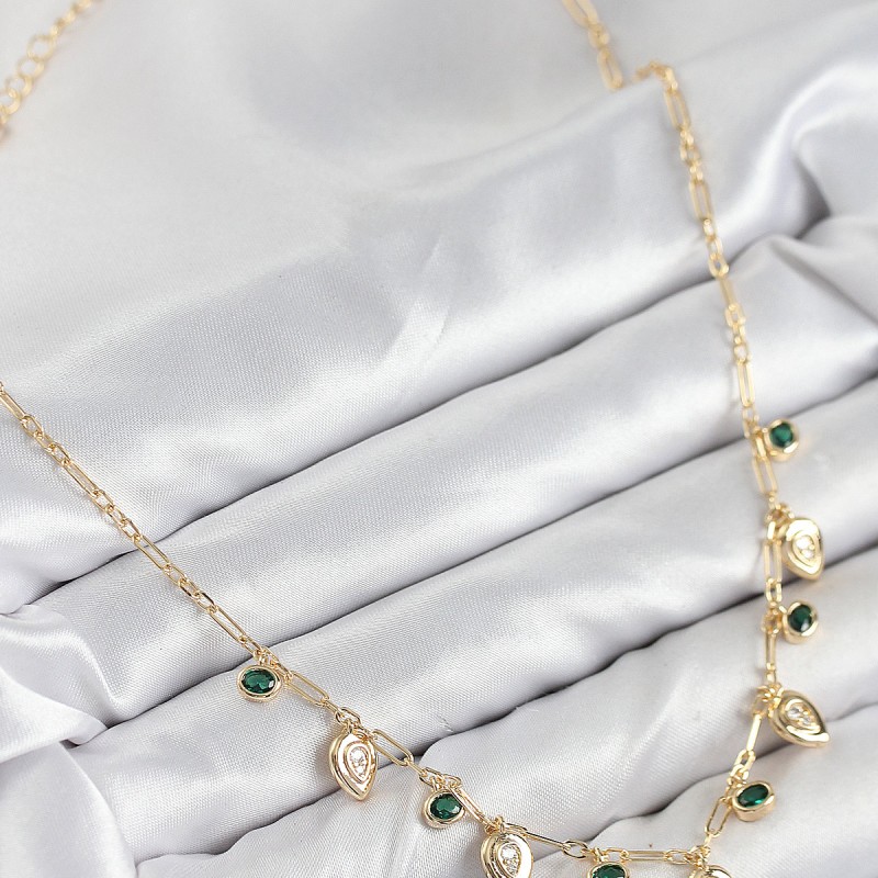 Pirinç Zirkon Taşlı Sallantılı Damla Model Gold Renk Kadın Kolye