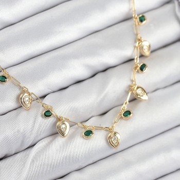 Pirinç Zirkon Taşlı Sallantılı Damla Model Gold Renk Kadın Kolye