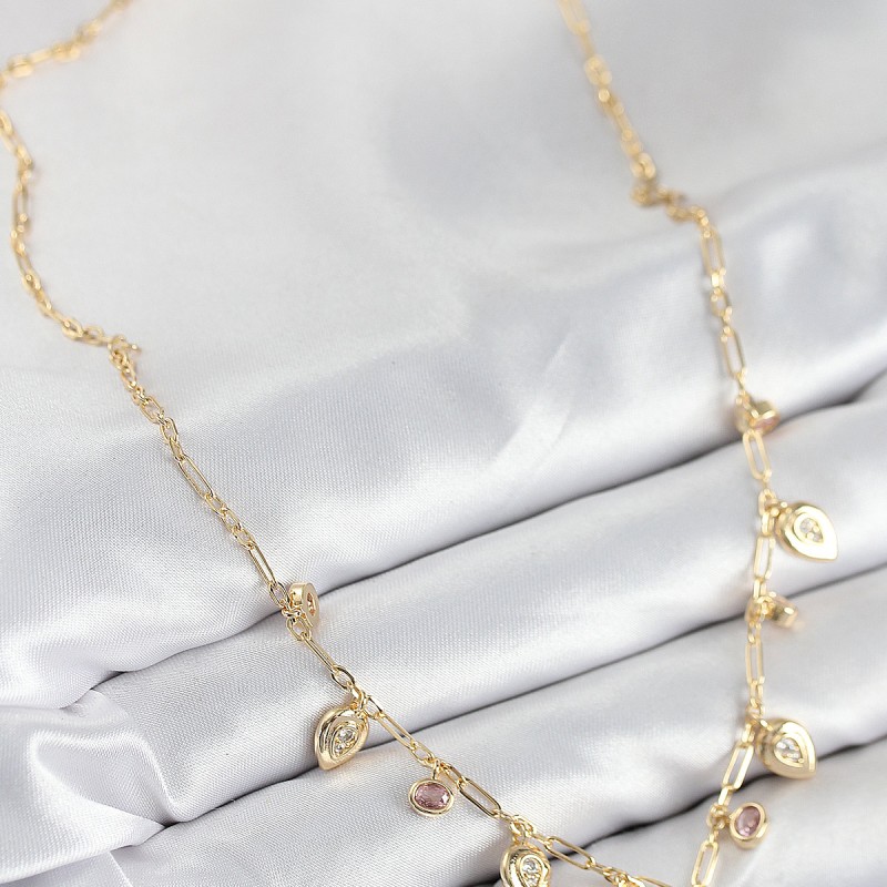 Pirinç Zirkon Taşlı Sallantılı Damla Model Gold Renk Kadın Kolye