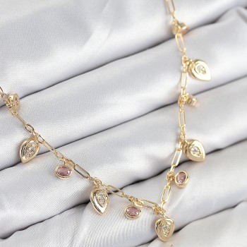 Pirinç Zirkon Taşlı Sallantılı Damla Model Gold Renk Kadın Kolye