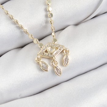 Pirinç Zirkon Taşlı Sallantılı Göz Model Ezme Zincir Gold Renk Kadın Kolye