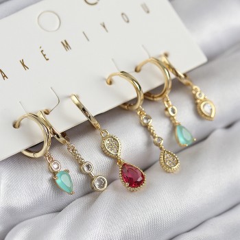 Pirinç Zirkon Taşlı Sallantılı Model Gold Renk 6'lı Küpe Set