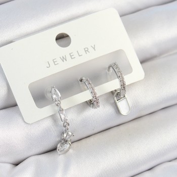 Pirinç Zirkon Taşlı Sallantılı Model Gümüş Renk 3'lü Çift Kadın Küpe Set