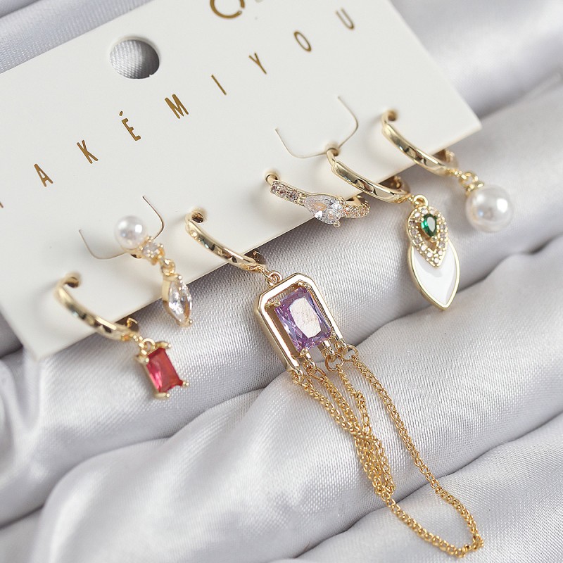 Pirinç Zirkon Taşlı Sallantılı Ve İncili Gold Renk 6'lı Küpe Set