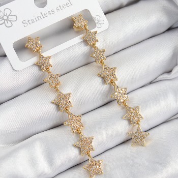 Pirinç Zirkon Taşlı Sallantılı Yıldız Model Gold Renk Kadın Küpe