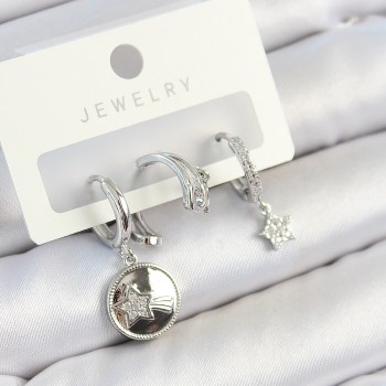 Pirinç Zirkon Taşlı Sallantılı Yıldız Model Gümüş Renk 3'lü Çift Kadın Küpe Set