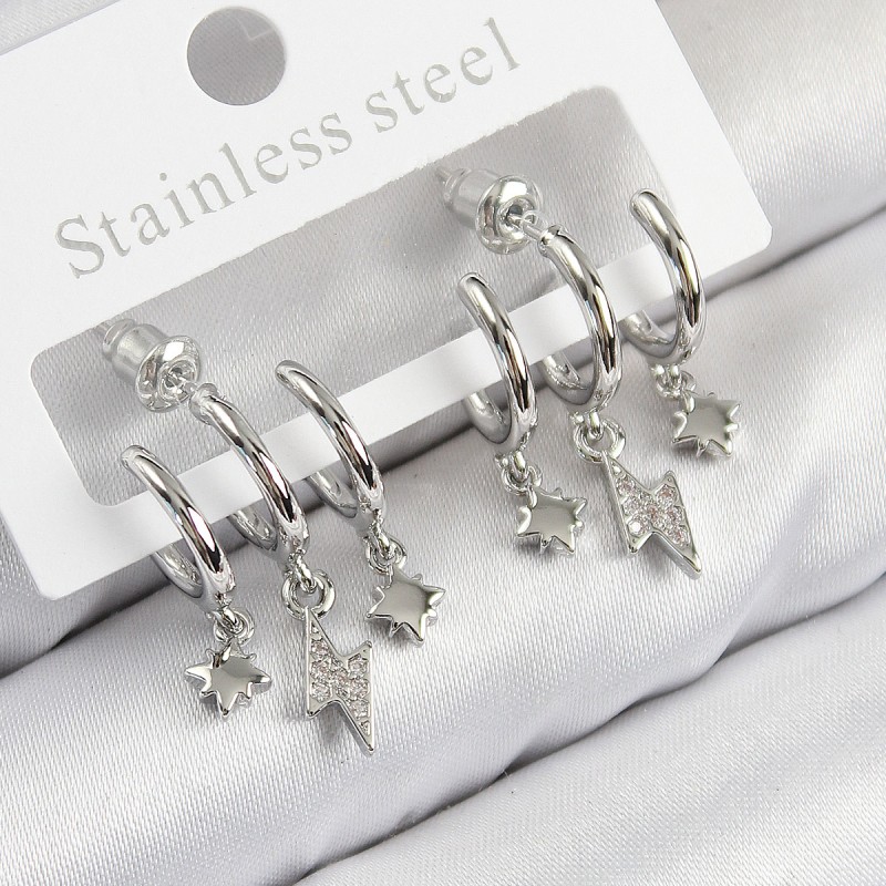 Pirinç Zirkon Taşlı Şimşek Model Gümüş Renk Kadın Küpe