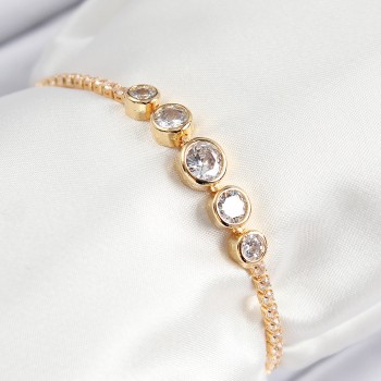 Pirinç Zirkon Taşlı Sıralı Daire Model Gold Renk Asansörlü Kadın Bileklik