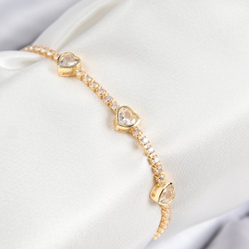 Pirinç Zirkon Taşlı Sıralı Kalp Model Gold Renk Kadın Bileklik