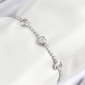 Pirinç Zirkon Taşlı Sıralı Kalp Model Gümüş Renk Asansörlü Kadın Bileklik