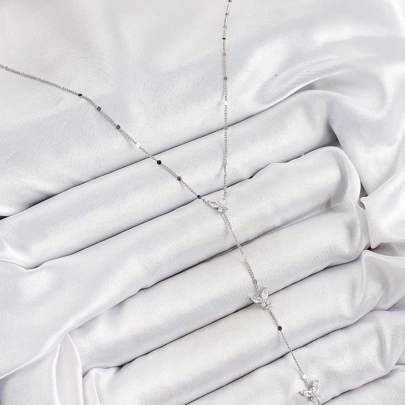 Pirinç Zirkon Taşlı Sıralı Kelebek Figürlü Y Model Gümüş Renk Kadın Kolye