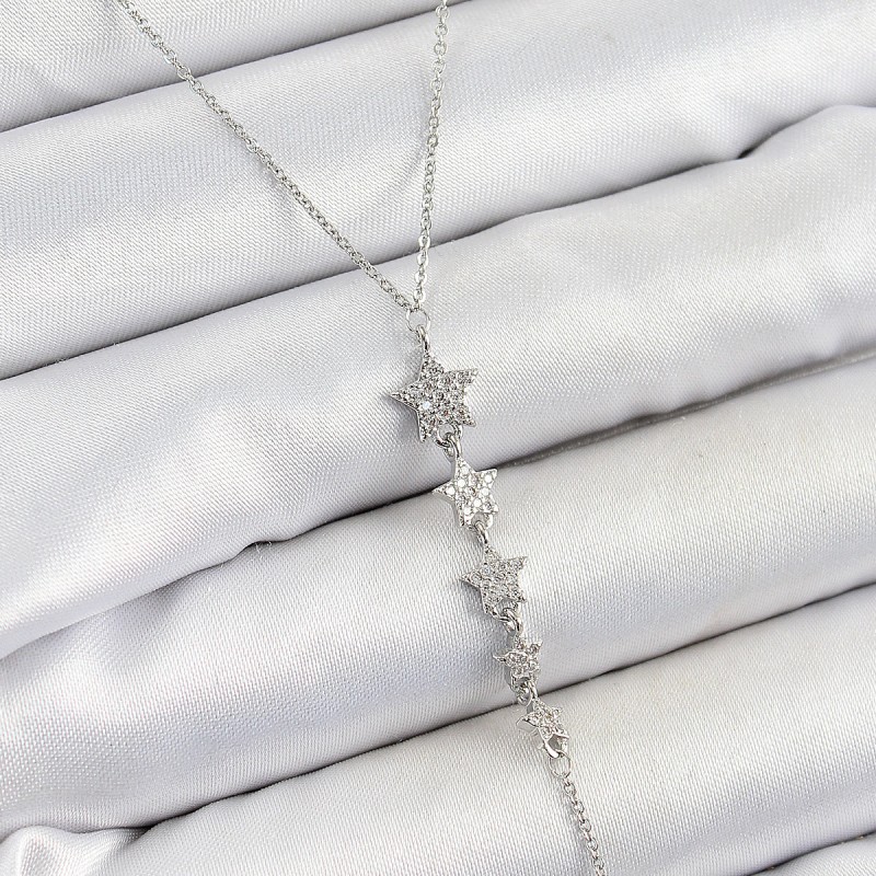 Pirinç Zirkon Taşlı Sıralı Yıldız Figürlü Y Model Gümüş Renk Kadın Kolye