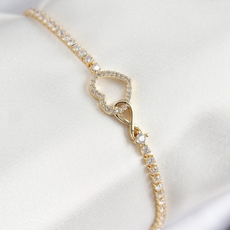 Pirinç Zirkon Taşlı Sonsuzluk Kalp Model Gold Renk Kadın Bileklik