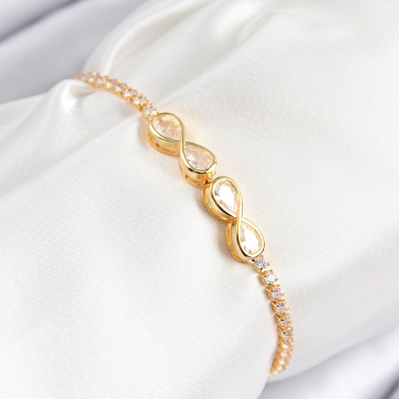 Pirinç Zirkon Taşlı Sonsuzluk Model Gold Renk Asansörlü Kadın Bileklik