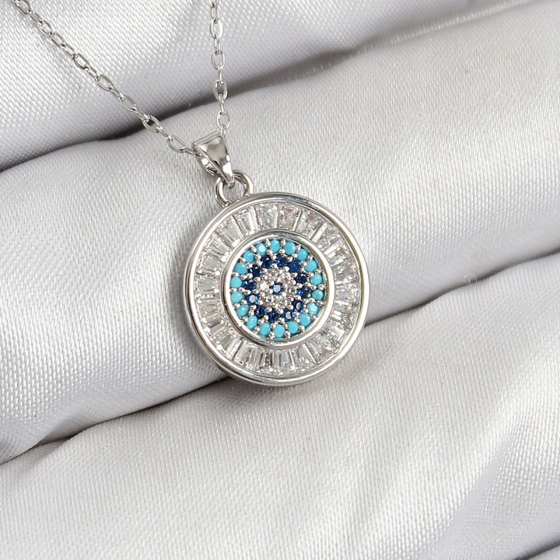 Pirinç Zirkon Taşlı Su Yolu Nazar Model Gümüş Renk Kadın Kolye