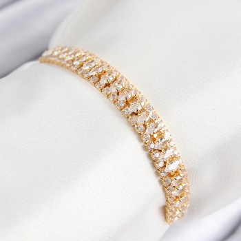 Pirinç Zirkon Taşlı Tennıs Model Gold Renk Asansörlü Kadın Bileklik