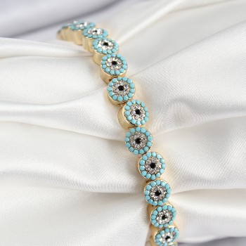 Pirinç Zirkon Taşlı Turkuaz Nazar Model Gold Renk Lastikli Kadın Bileklik
