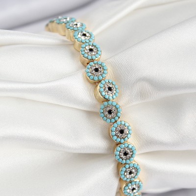 Pirinç Zirkon Taşlı Turkuaz Nazar Model Gold Renk Lastikli Kadın Bileklik