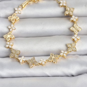 Pirinç Zirkon Taşlı ve Mineli Yonca Model Gold Renk Kadın Bileklik