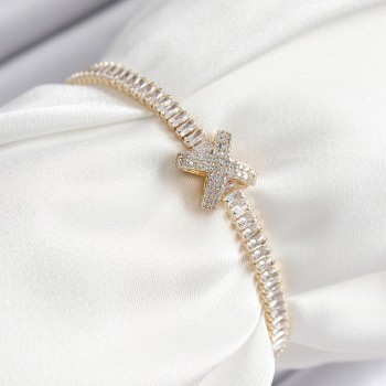 Pirinç Zirkon Taşlı X Detaylı Su Yolu Model Gold Renk Asansörlü Kadın Bileklik