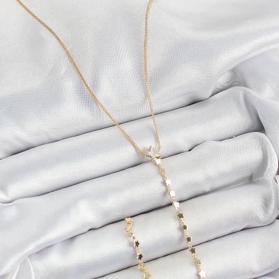 Pirinç Zirkon Taşlı Yıldız Figürlü Y Model Gold Renk Kadın Kolye