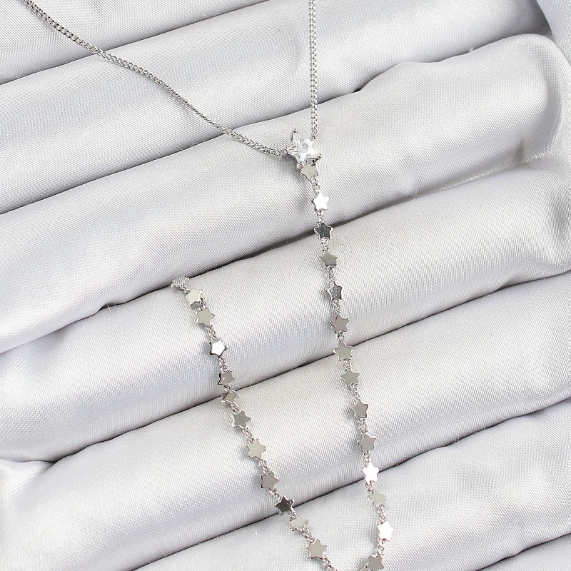 Pirinç Zirkon Taşlı Yıldız Figürlü Y Model Gümüş Renk Kadın Kolye