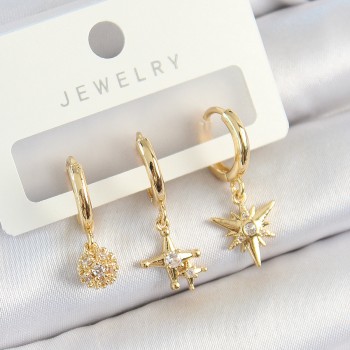 Pirinç Zirkon Taşlı Yıldız Model Gold Renk 3'lü Çift Kadın Küpe Set