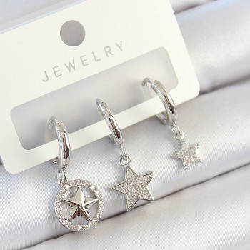 Pirinç Zirkon Taşlı Yıldız Model Gümüş Renk 3'lü Çift Kadın Küpe Set