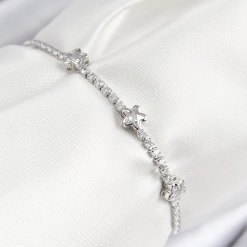 Pirinç Zirkon Taşlı Yıldız Model Gümüş Renk Asansörlü Kadın Bileklik