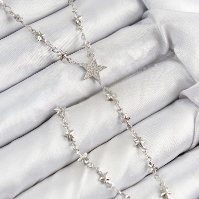 Pirinç Zirkon Taşlı Yıldız Model Gümüş Renk Y Kolye